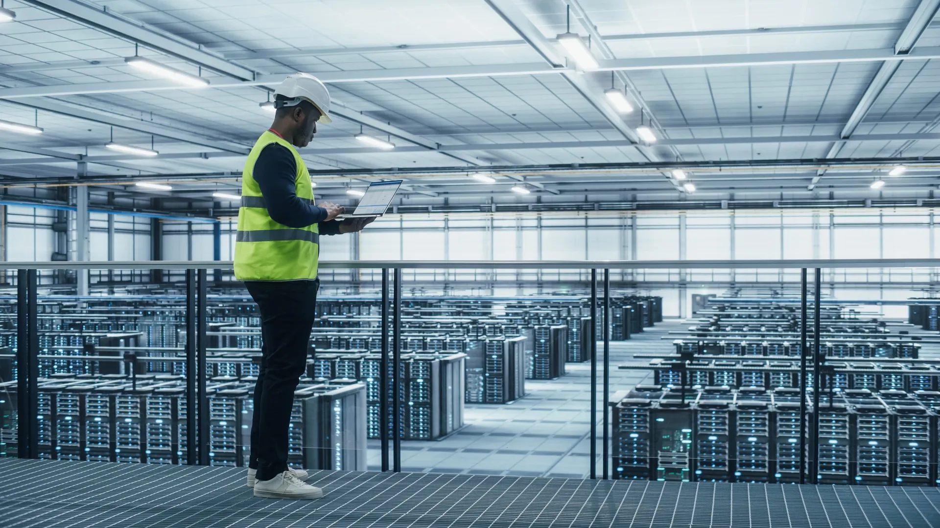 A large data centre hall with rows of illuminated server racks beneath a suspended acoustic ceiling grid designed to manage noise from cooling and equipment. A technician in a high-visibility vest and hard hat stands on an upper walkway, monitoring systems on a laptop.